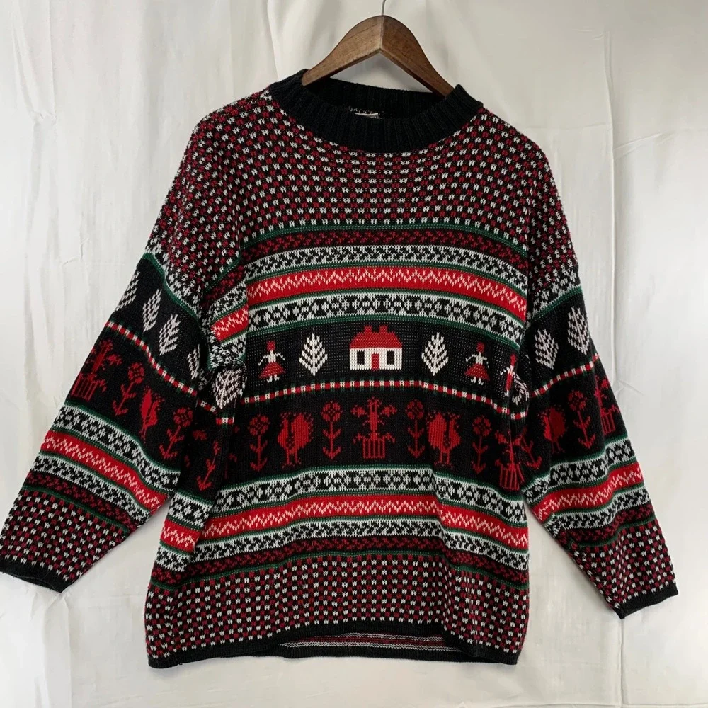 VTG Huntington Ridge Sweater Mens L Black Red Nordic Folk Art Novelty Knit USA - Picture 1 of 12